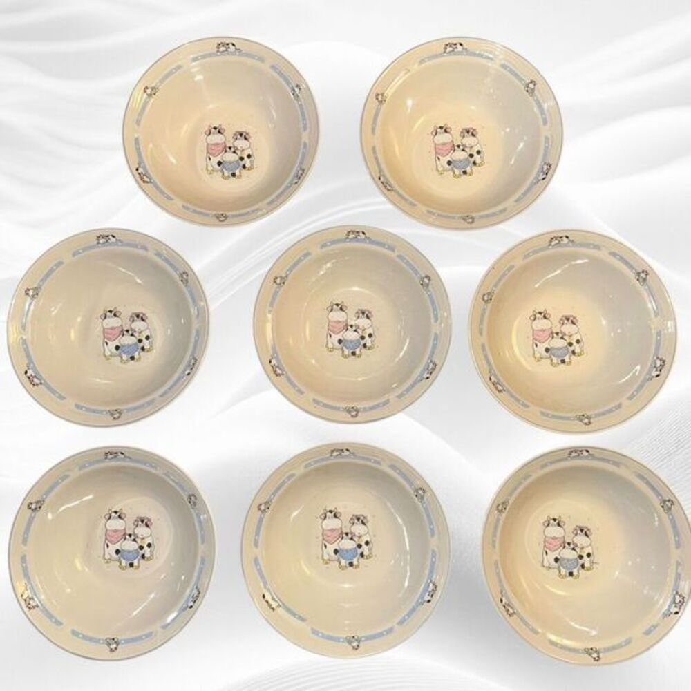 Tienshan - 7" Bowls Set Of 8 Whimsical Cow Family, Hearts, Blue Ring